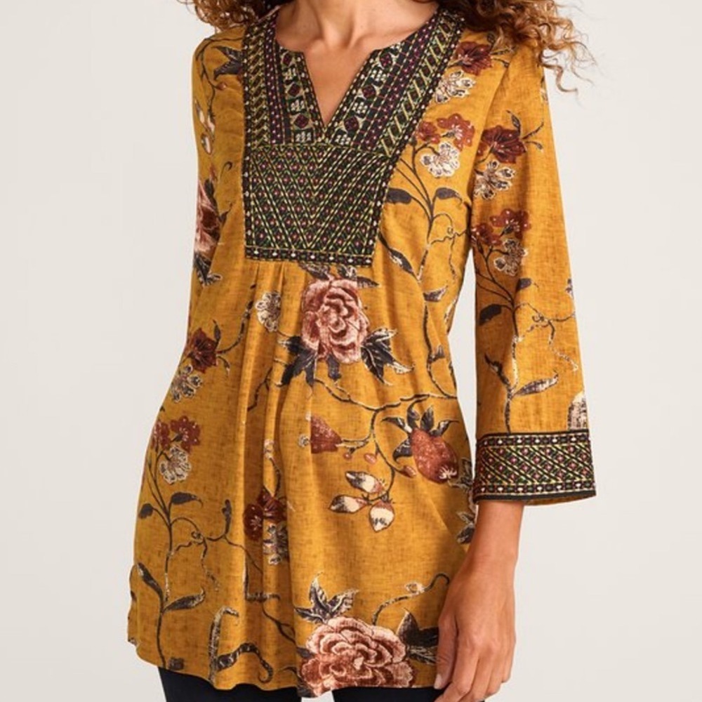 Soft‎ Surroundings Floral Tunic Top Embroidered V Neck 3/4 Sleeve Mustard
